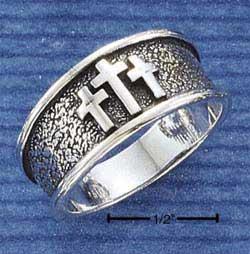 Sterling Silver Mens Antiqued Band Ring With Three Crosses