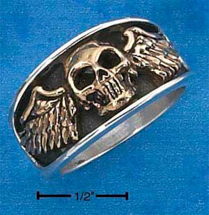 Sterling Silver Mens Bronze Skull With Wings Ring