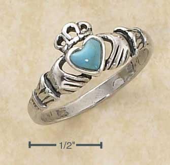 Sterling Silver Small Antiqued Claddagh Ring With Reconstituted Turquoise Heart