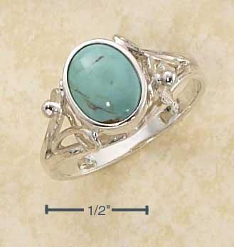 Sterling Silver Oval Reconstituted Turquoise Ring With Small Flower Scrolled Shank