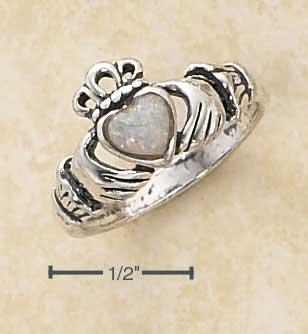 Sterling Silver Claddagh Ring With White Synthetic Opal Heart