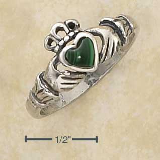 Sterling Silver Small Antiqued Claddagh Ring With Reconstituted Malachite Heart