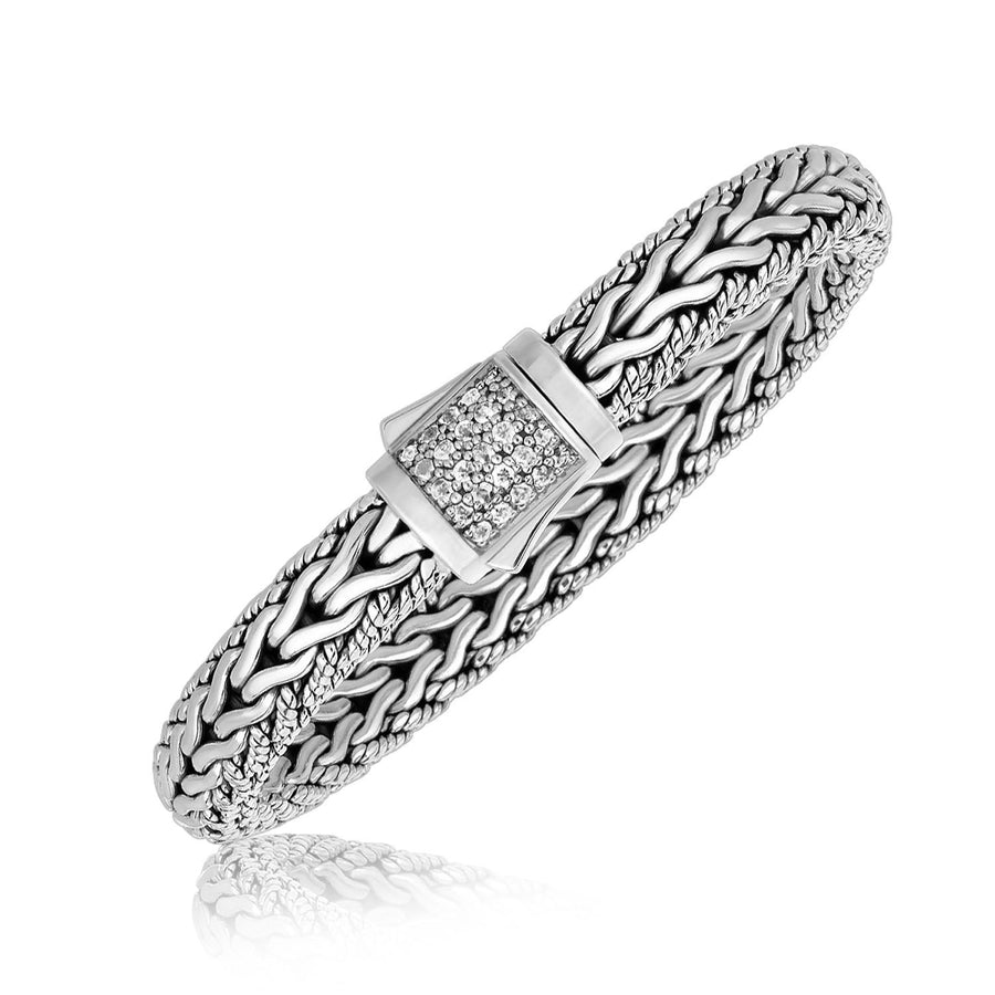 Sterling Silver Braided Design Mens Bracelet with White Sapphire Stones