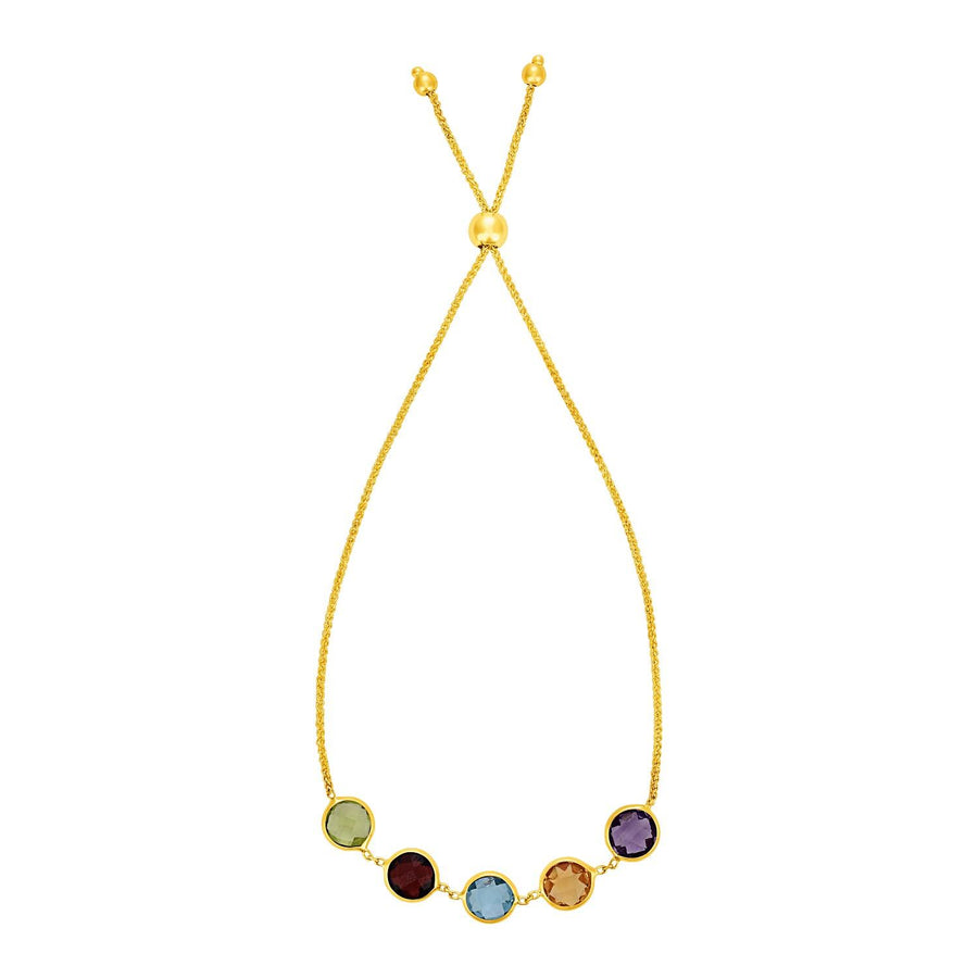 Adjustable Bracelet with Multicolored Large Round Gemstones in 14k Yellow Gold