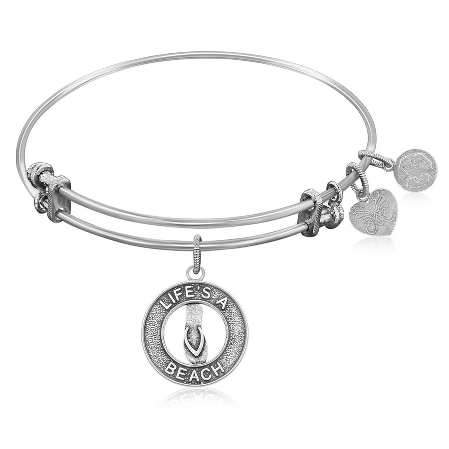 Expandable Bangle in White Tone Brass with Life's A Beach Symbol