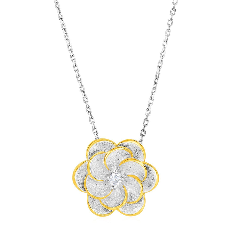 Pendant with Two Toned Flower with Cubic Zirconia in Sterling Silver