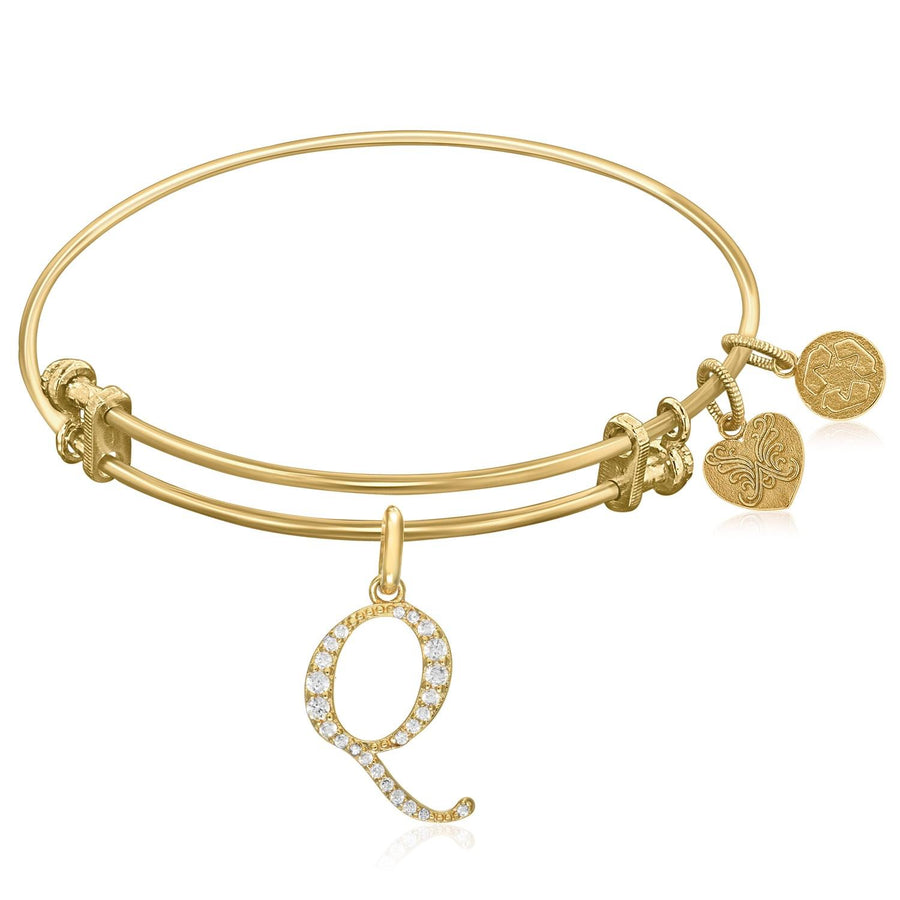 Expandable Yellow Tone Brass Bangle with Q Symbol with Cubic Zirconia