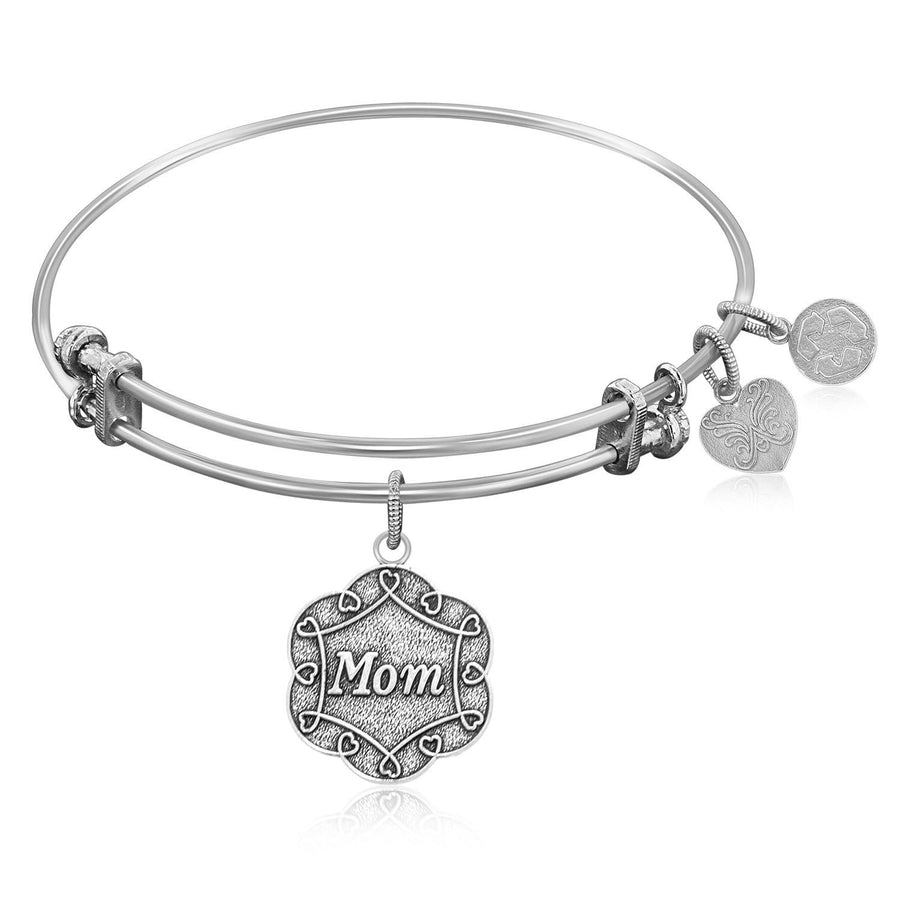 Expandable Bangle in White Tone Brass with Mom Symbol