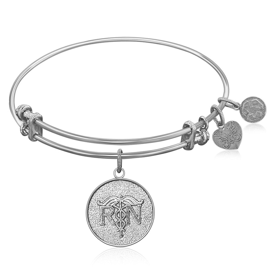 Expandable Bangle in White Tone Brass with Registered Nurse Care Compassion