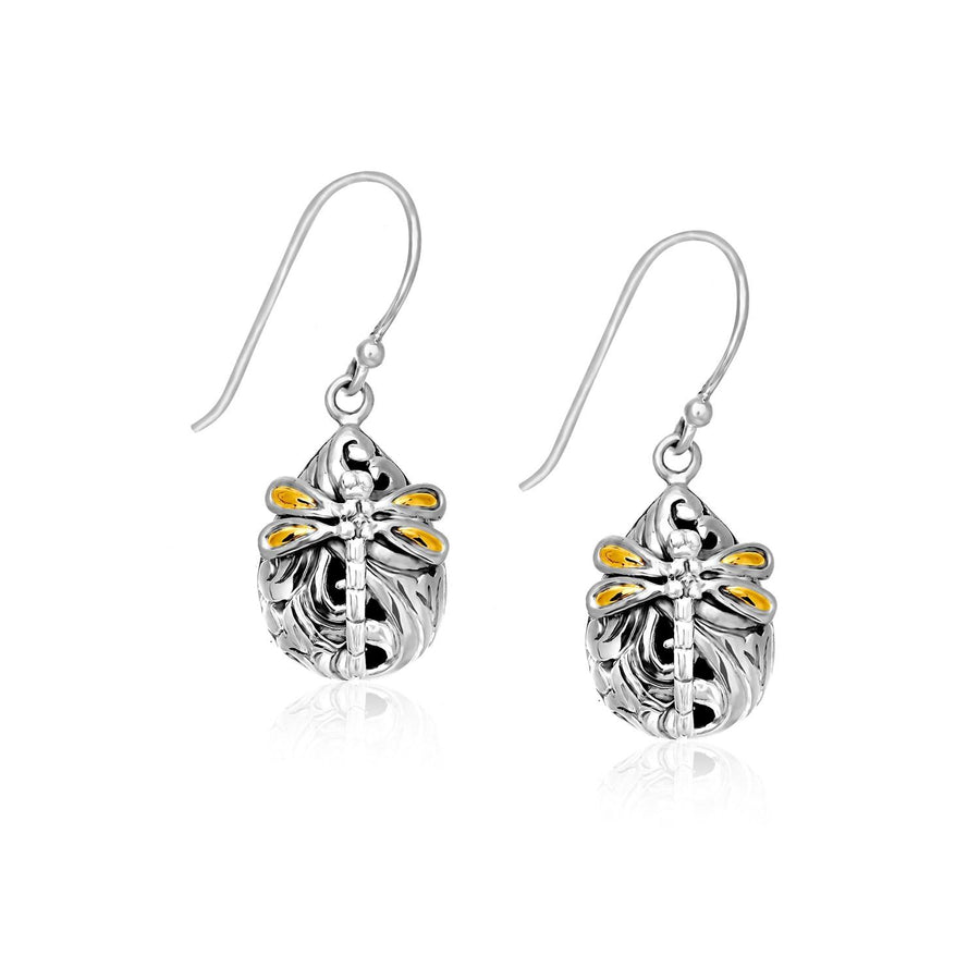 18k Yellow Gold & Sterling Silver Teardrop Dragonfly Earrings