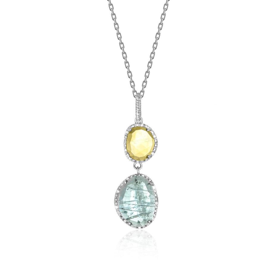 Sterling Silver Layered Blue Topaz,  Citrine,  and Diamond Pendant