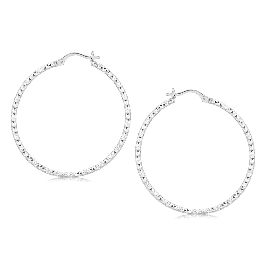 Sterling Silver Rhodium Plated Large Faceted Style Hoop Earrings