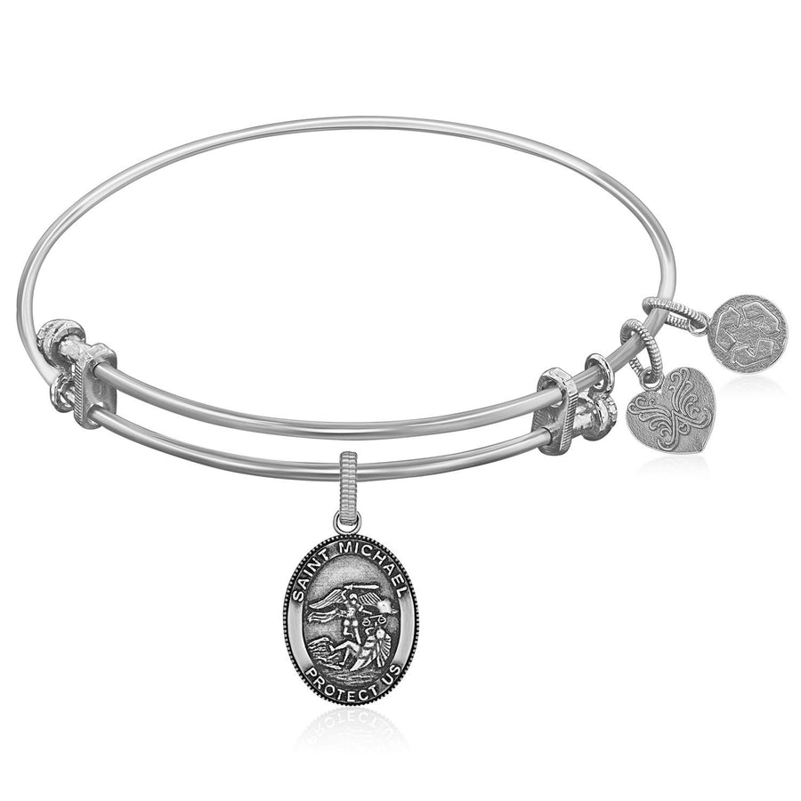 Expandable White Tone Brass Bangle with St. Michael Symbol