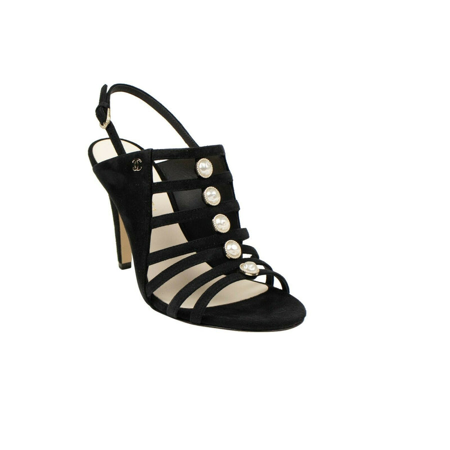 Suede Open Toe Pearl Sandals Pumps - Black