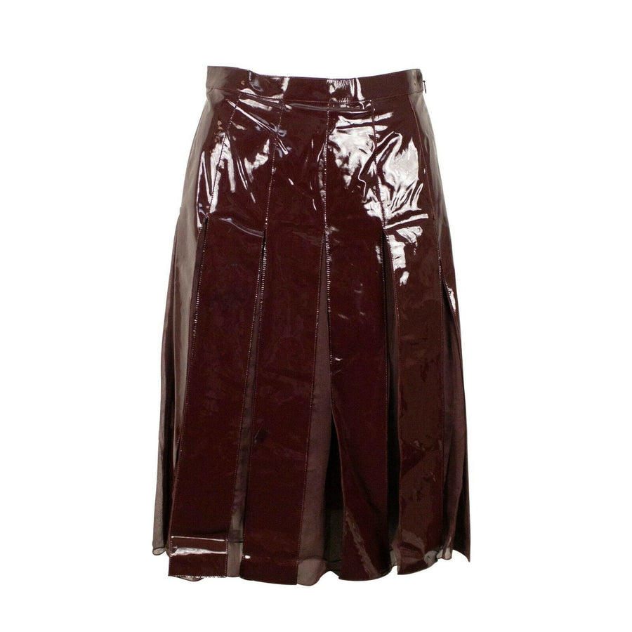 Mesh/Patent Leather Pleated Skirt - Burgundy