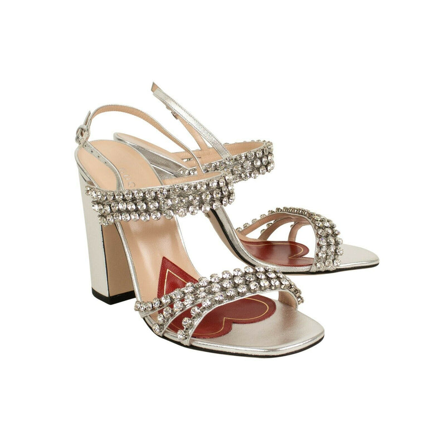 Women's Metallic Leather With Crystals Sandals Pumps - Silver