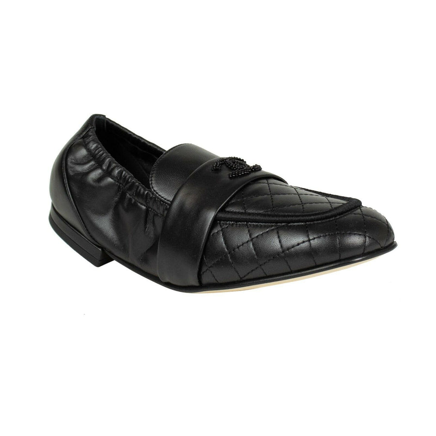 Quilted Lambskin Leather Logo Loafers Flats - Black