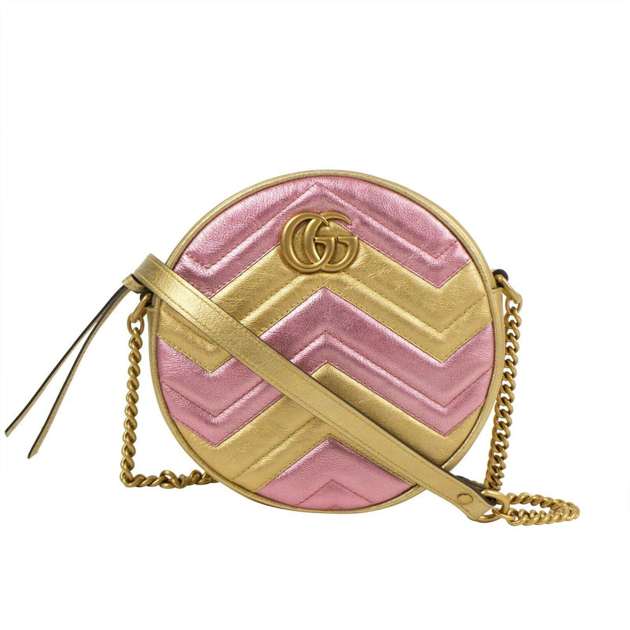 Quilted GG Marmont Leather Mini Round Shoulder Bag -Gold/Pink