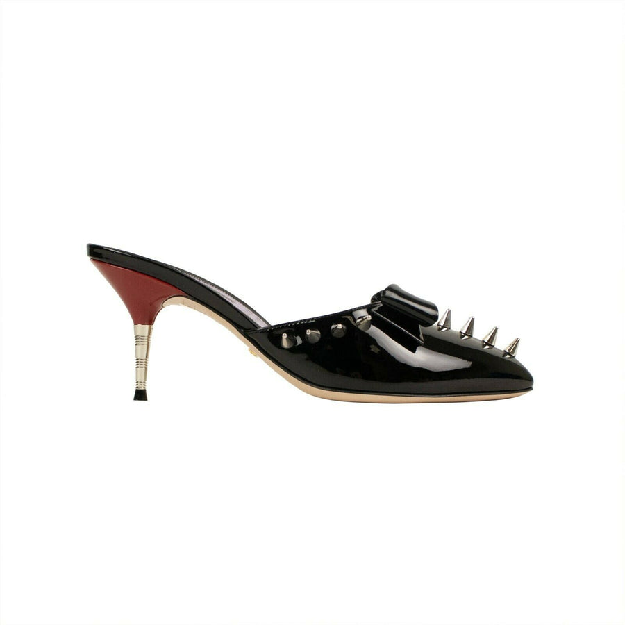 Women's Patent Leather Spiked Mules Heels - Black