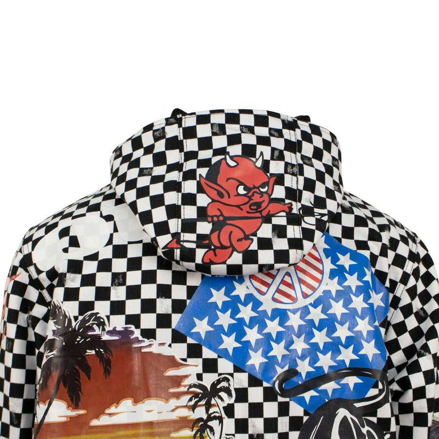 Checkered Sticker Design Parka Coat - Black / White