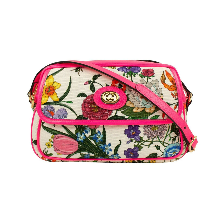 Canvas Leather Floral Print Small Shoulder Bag - Fuchsia Pink