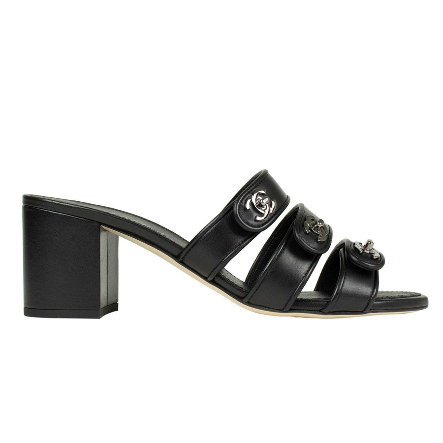 Lambskin Leather Turnlock Sandal Mules - Black