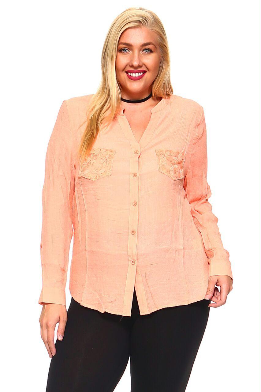 Women's Plus Size Button Down Long Sleeve With Flower-Printed Mesh Inserts