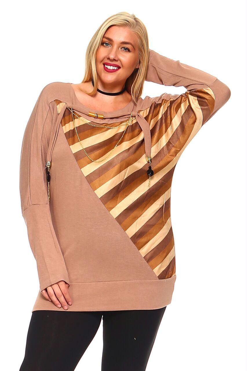 Women's Plus Size Knit Sweater Top With Striped Print and Embellished Neck Detail