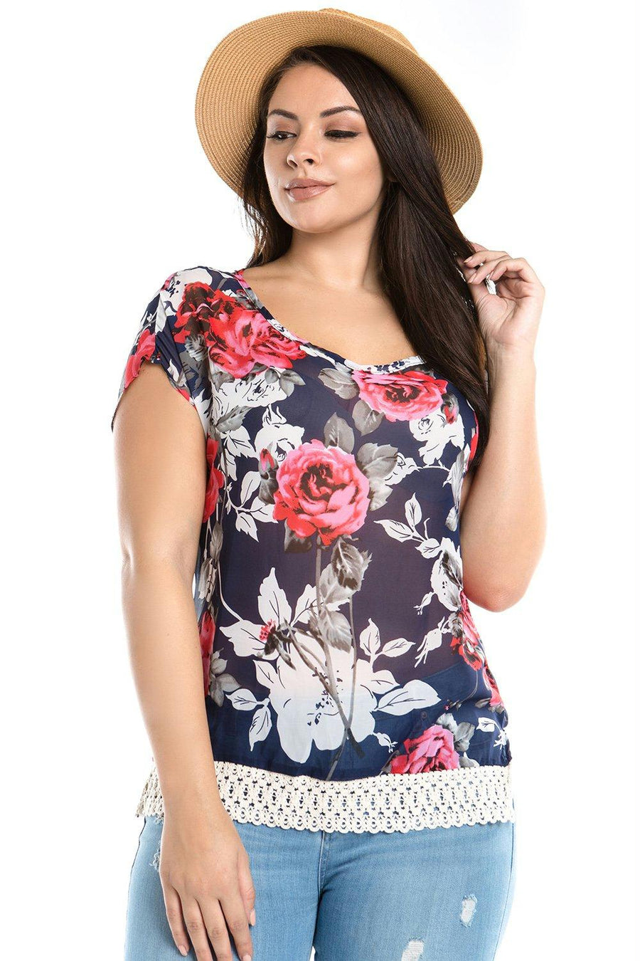 Women's Plus Size Floral Print Crochet Trim Top