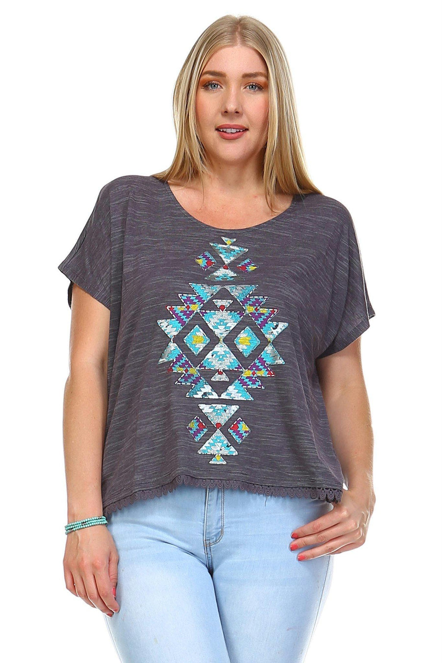 Women's Plus Size Aztec Print Embroidered Trim Top