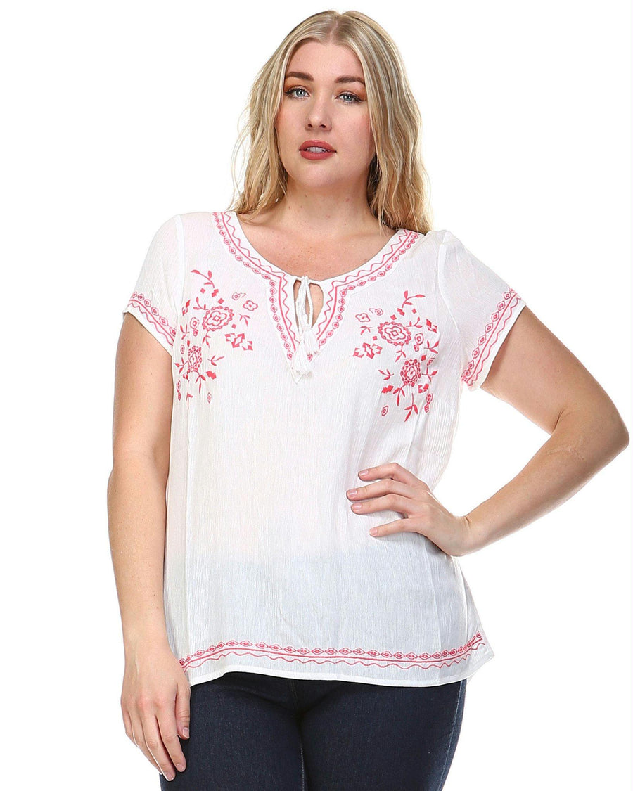 Women's Plus Size Floral Embroidered Keyhole Top