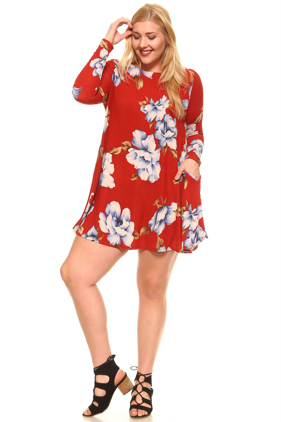 Women's Plus Size Floral Long Sleeve Loose Pocket Dress