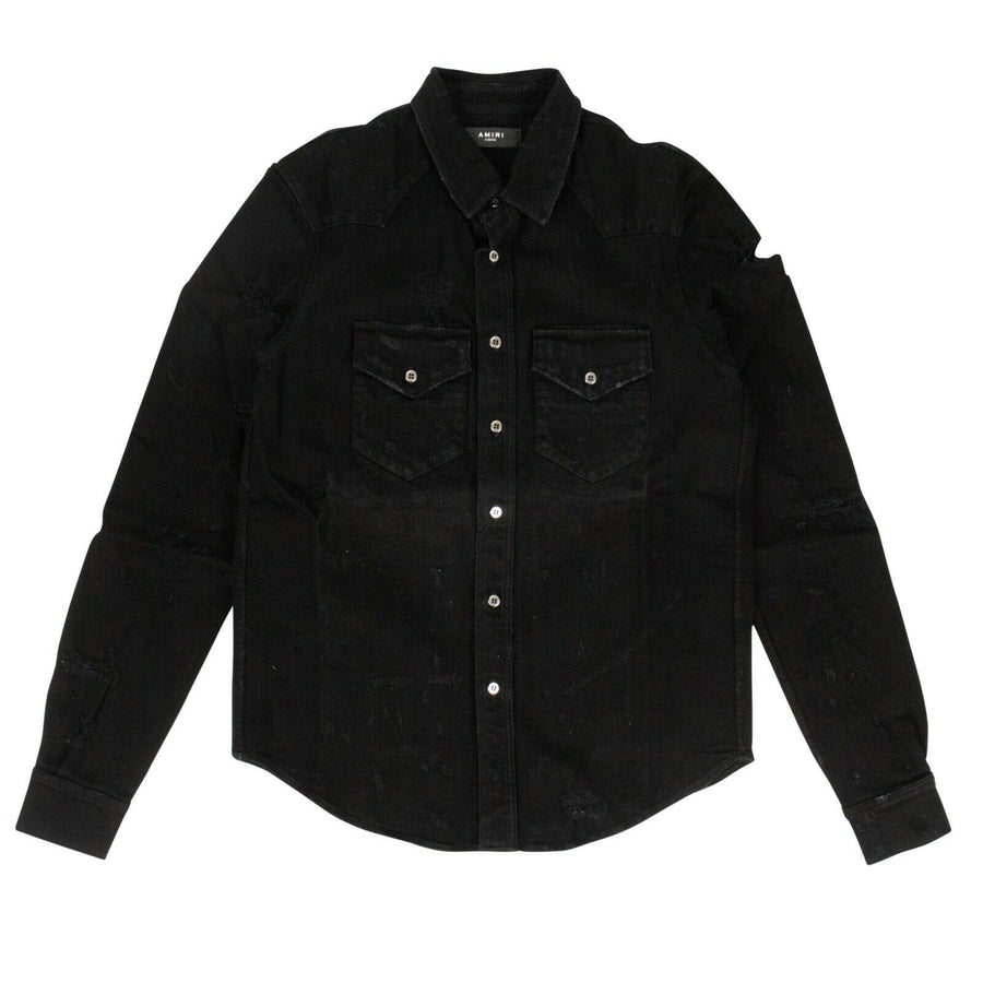 Denim Destroyed Button Down Shirt - Black