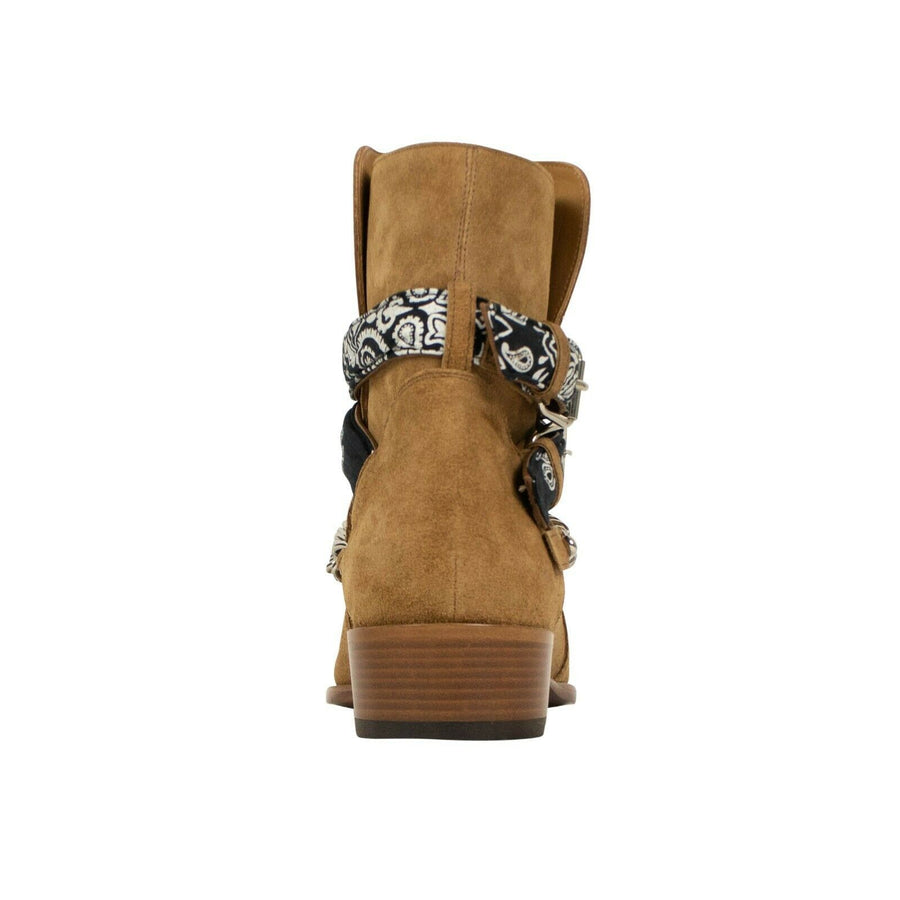 Suede Bandana Strap Buckle Ankle Boot - Tan