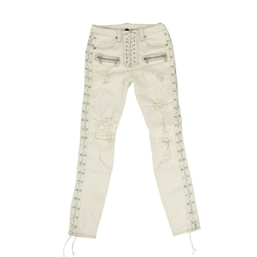 Lace Up Distressed Skinny Jeans Pants - White