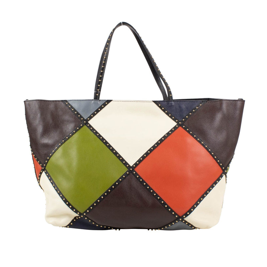 Leather Color Block Studded Tote Bag - Multi