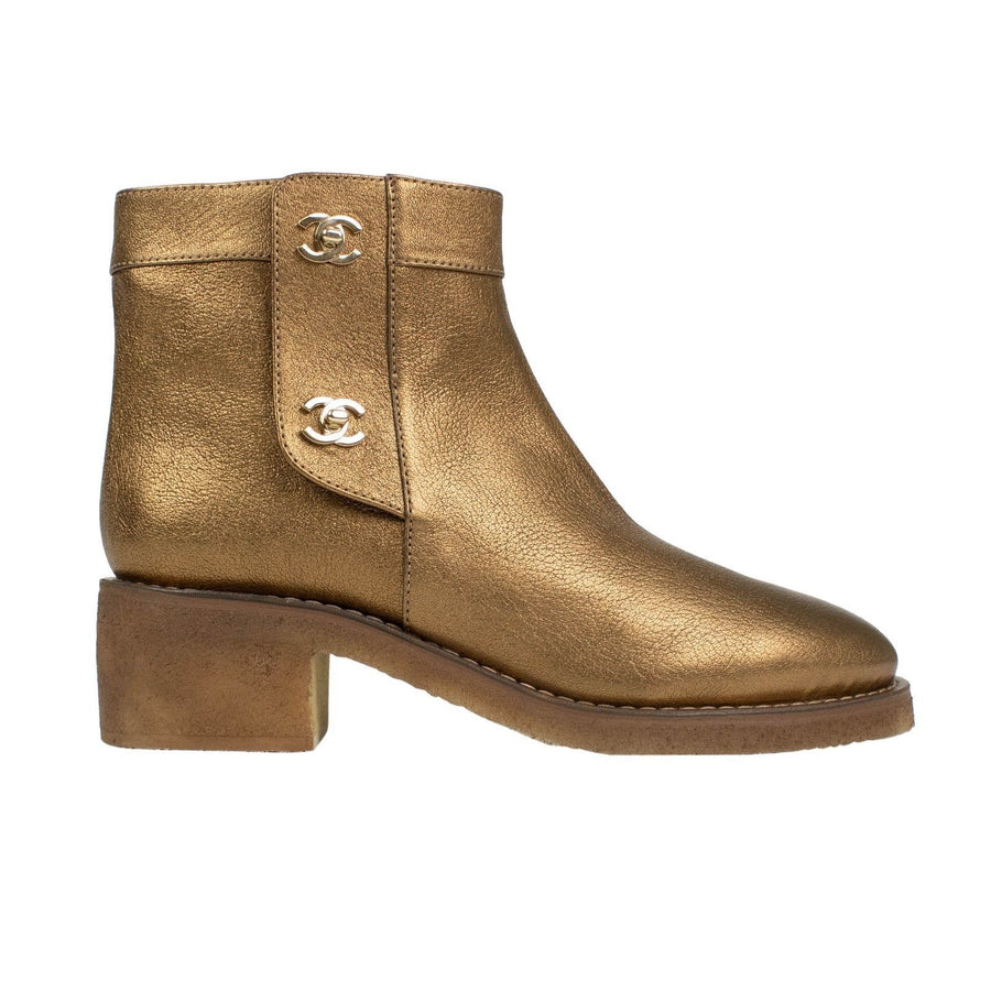 Lambskin Leather Turnlock Short Boots - Gold