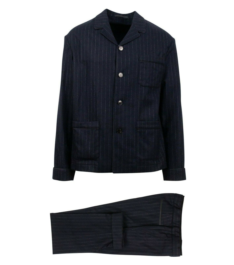 Pinstripe 4 Button Wool Blend Suit - Navy Blue