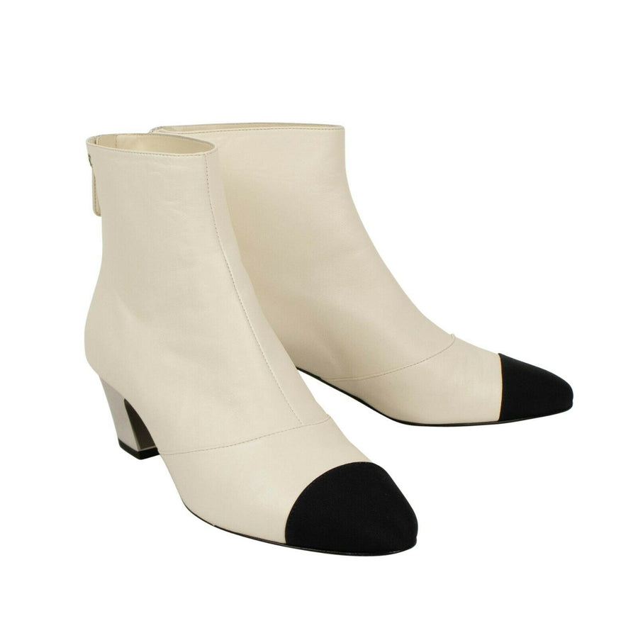 Lambskin Leather Grosgrain Cap Toe Short Boots - Ivory