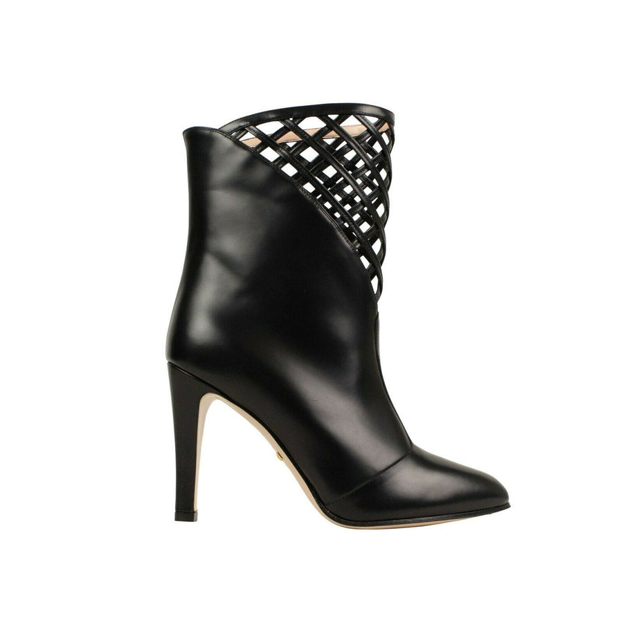 Women's Leather Cut Out Design Ankle Boots Heels - Black