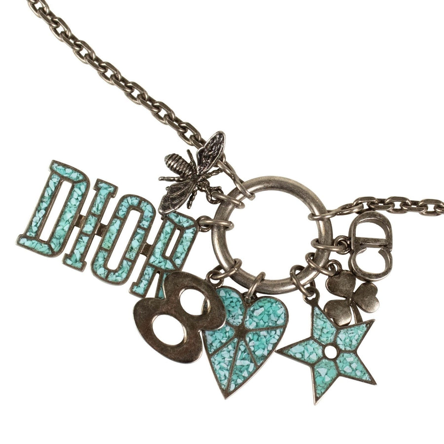 Multi Charms Turquoise Mosaic Antique Silver Long Necklace