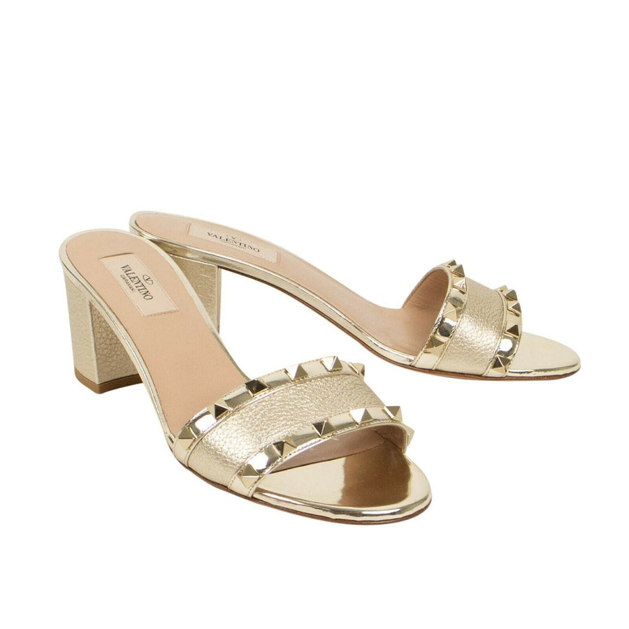 Rockstud Block Heel Mule Sandals - Gold