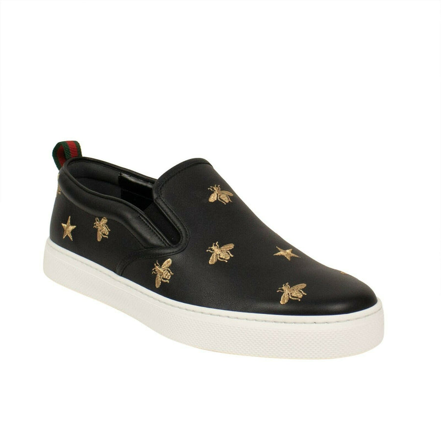 Men's Leather Slip On Embroidered Bees Sneakers - Black