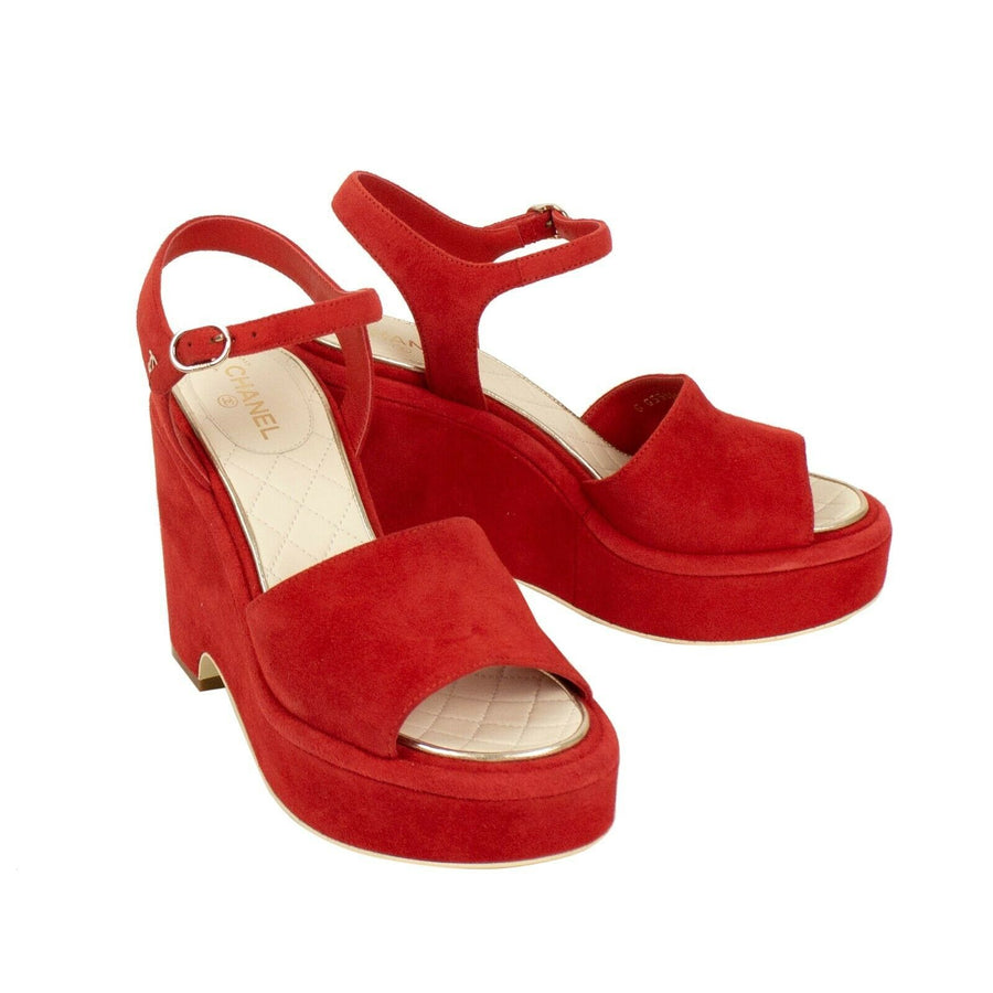 Suede Block Heel Sandals - Red