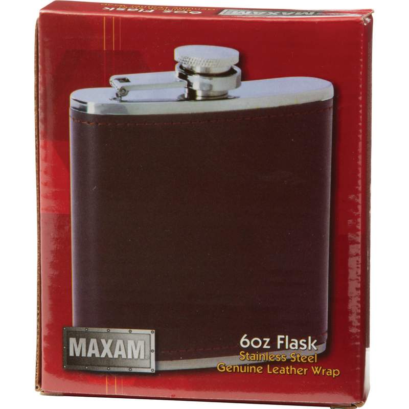 Maxam¬Æ 6oz Stainless Steel Flask with Brown Genuine Leather Wrap