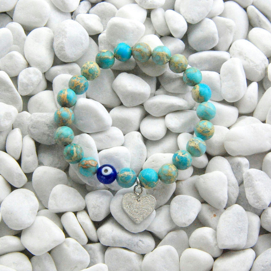 Handmade Evil Eye Hammered Heart Charm Bracelet