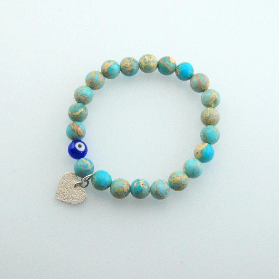 Handmade Evil Eye Hammered Heart Charm Bracelet