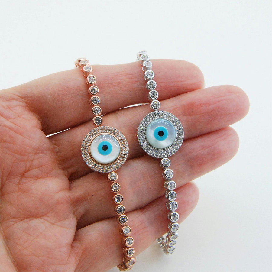 Handmade Evil Eye Bracelet, Mother of Pearl, Zirconia