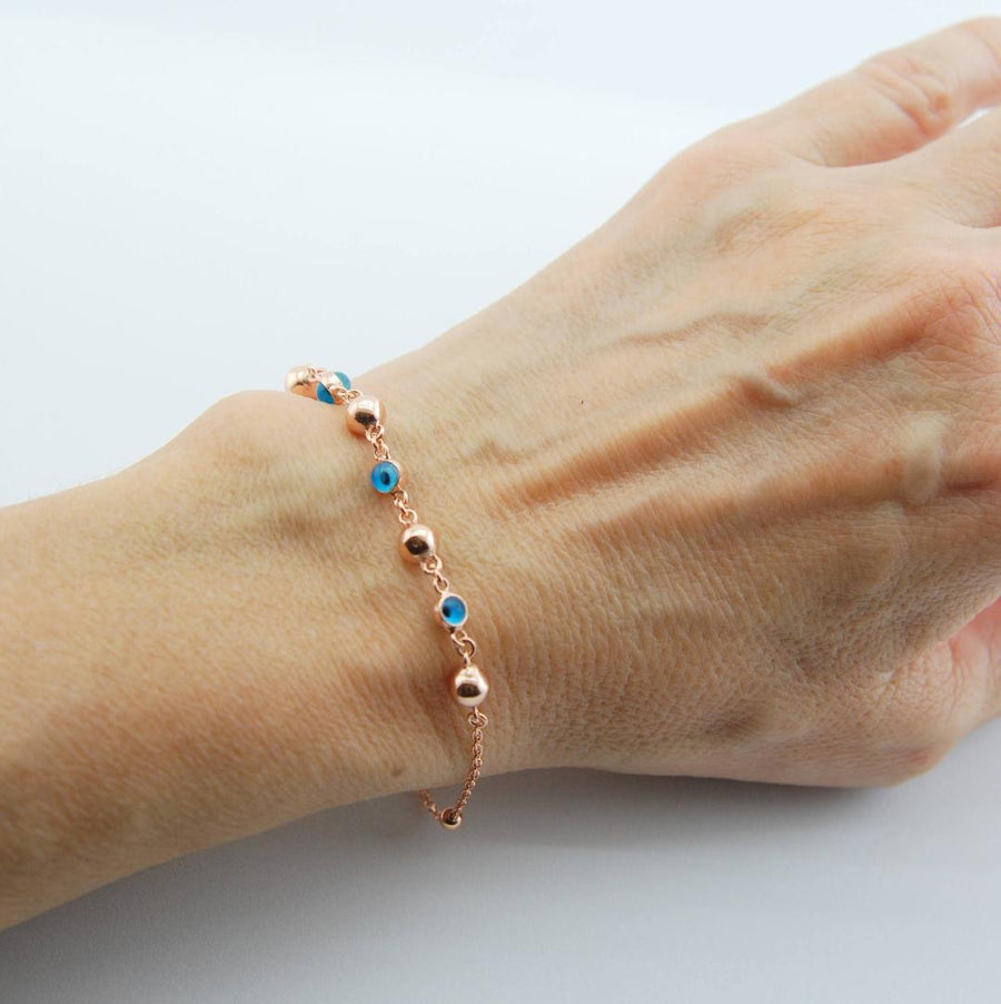 Handmade Evil Eye Bracelet, Rose Gold Plated Sterling Silver