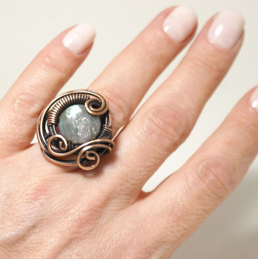 Handmade Labradorite Copper Wire Wrapped Ring